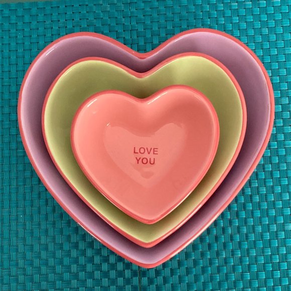 Heart Shaped Nesting Bowls 3 Pc Set Ceramic Purple Pink Green - Picture 2 of 14